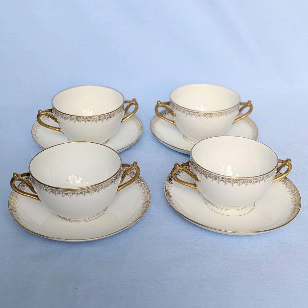 Antique BERNARDAUD Bouillon Cups & Saucers Set 4 D & Co LIMOGES Gold Scrolls
